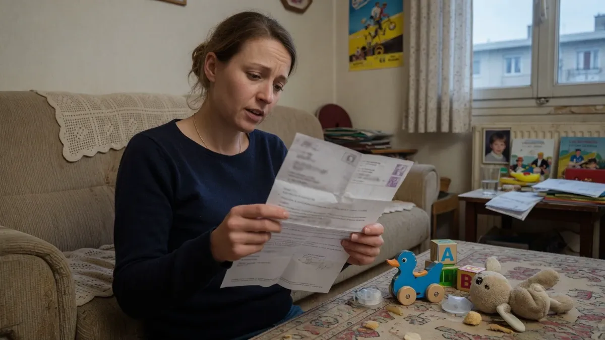 Mère sur un canapé, relit un courrier administratif, jouets d'enfant sur la table basse