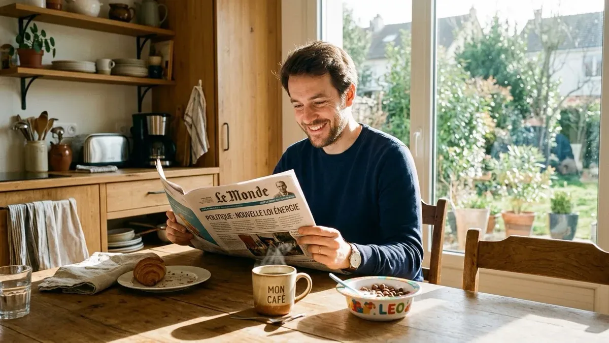 Père souriant à la table de cuisine un matin ensoleillé lisant les actualités dans un journal papier avec son café