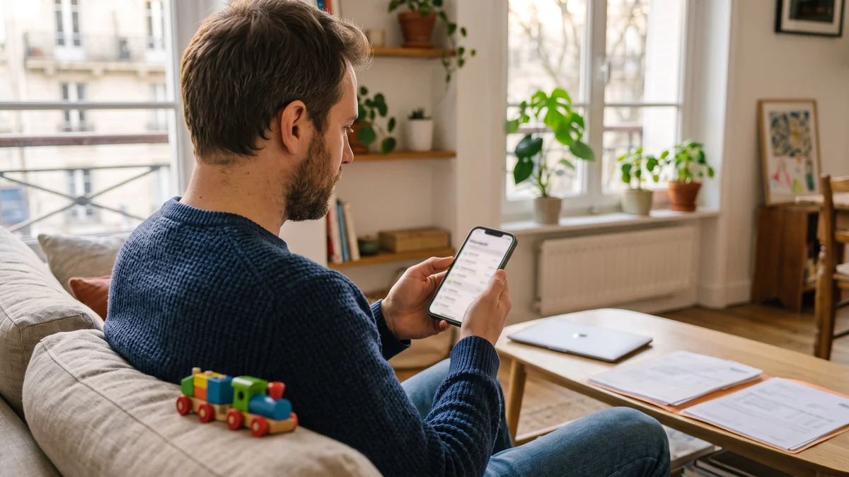 Père sur son canapé consultant ses bulletins de salaire en ligne sur son téléphone, un classeur de documents sur la table basse