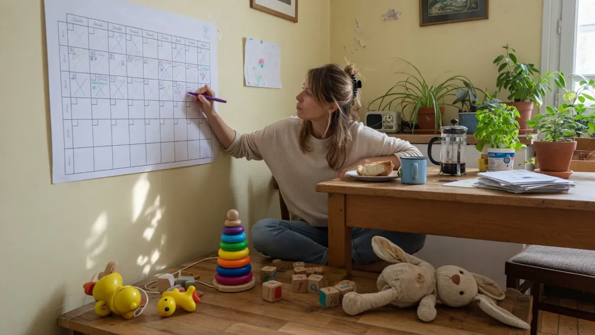 Mère à la table de cuisine, croisant des semaines sur un planning mural, jouets d'enfant au premier plan