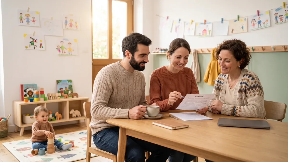 Des parents relisent le contrat de travail avec leur assistante maternelle autour d'une table, leur enfant joue au premier plan