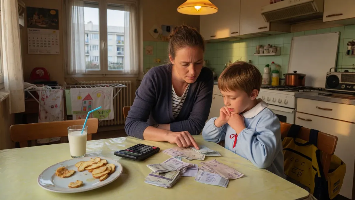 Mère et enfant en tablier d'école à la table de cuisine, calculette et goûter