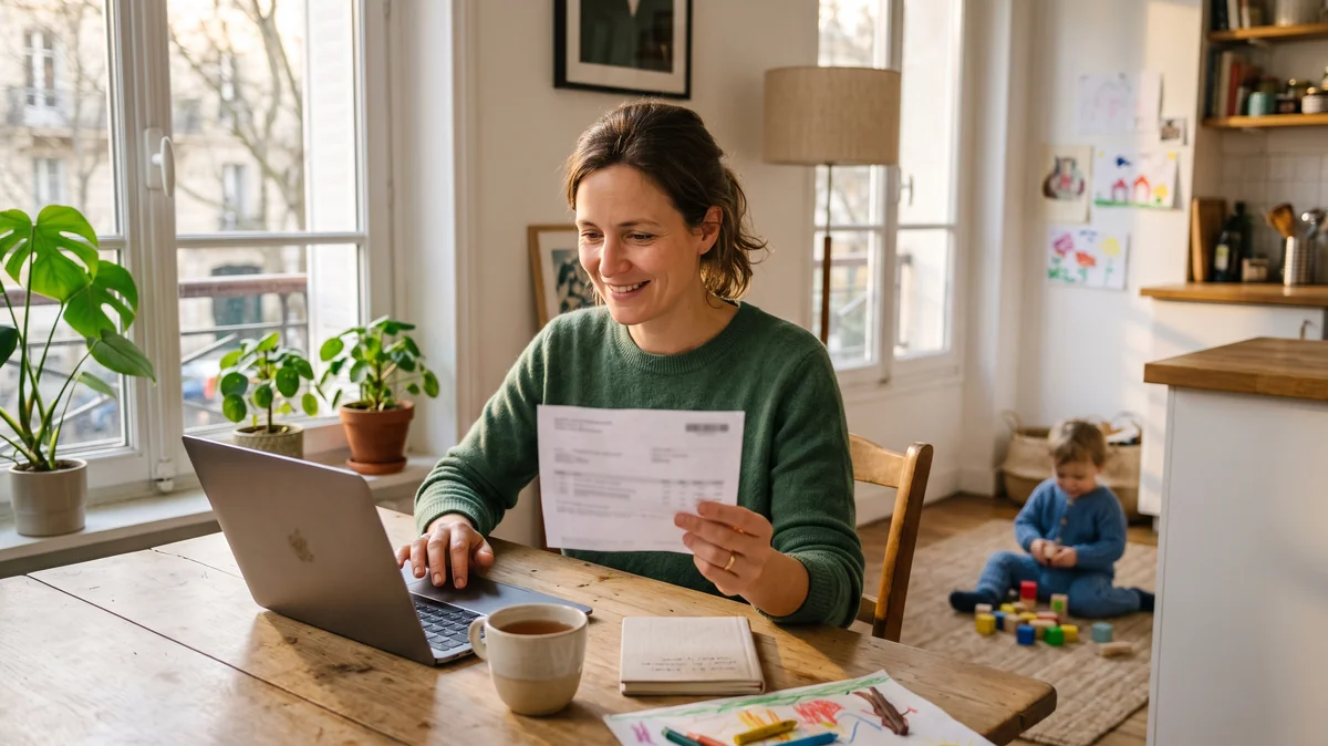 Mère souriante à la table de la cuisine, un bulletin de salaire à la main devant son ordinateur, son enfant joue en arrière-plan