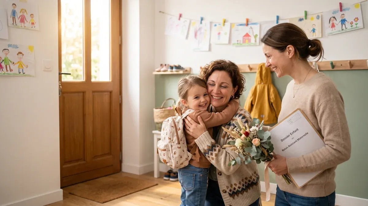 Dernier jour chez l'assistante maternelle : la petite fille lui fait un câlin, sa mère tient un bouquet et les documents