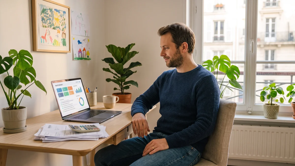 Père détendu devant son ordinateur affichant un tableau de bord de paie, une pile de papiers et une calculatrice mise de côté