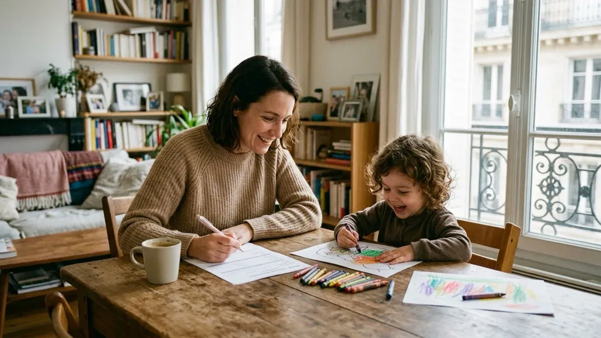 Mère souriante et son jeune enfant complices à table en train de dessiner avec des pastels colorés